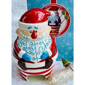 NIB NEW Boston Warehouse 7 PC HO HO HO Ceramic Santa Clause Fondue Set